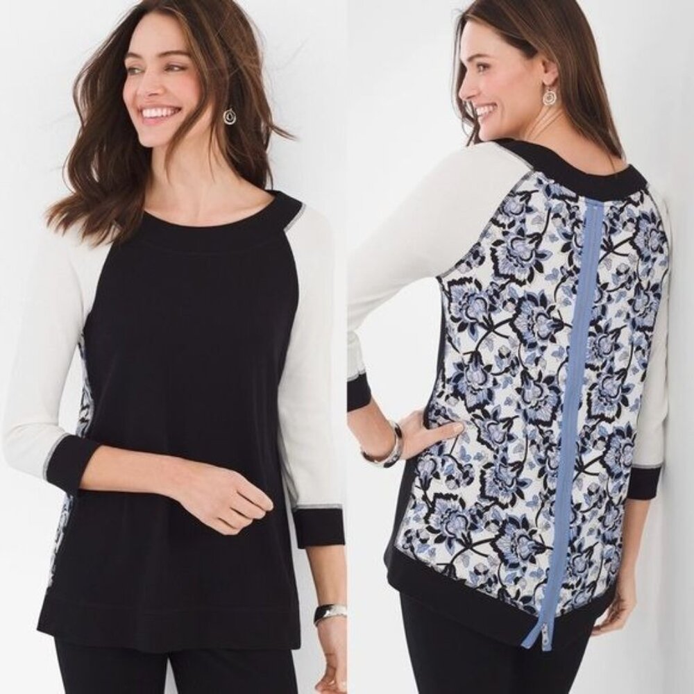 Chico’s Zenergy Floral Zip Back Ribbed Tunic Top size (1) Medium 8